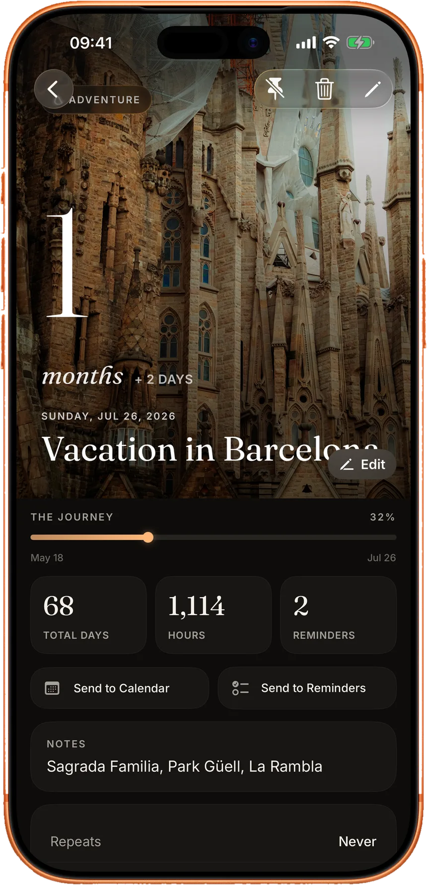 A countdown to a trip to Barcelona, set against the traveller's own photo.
