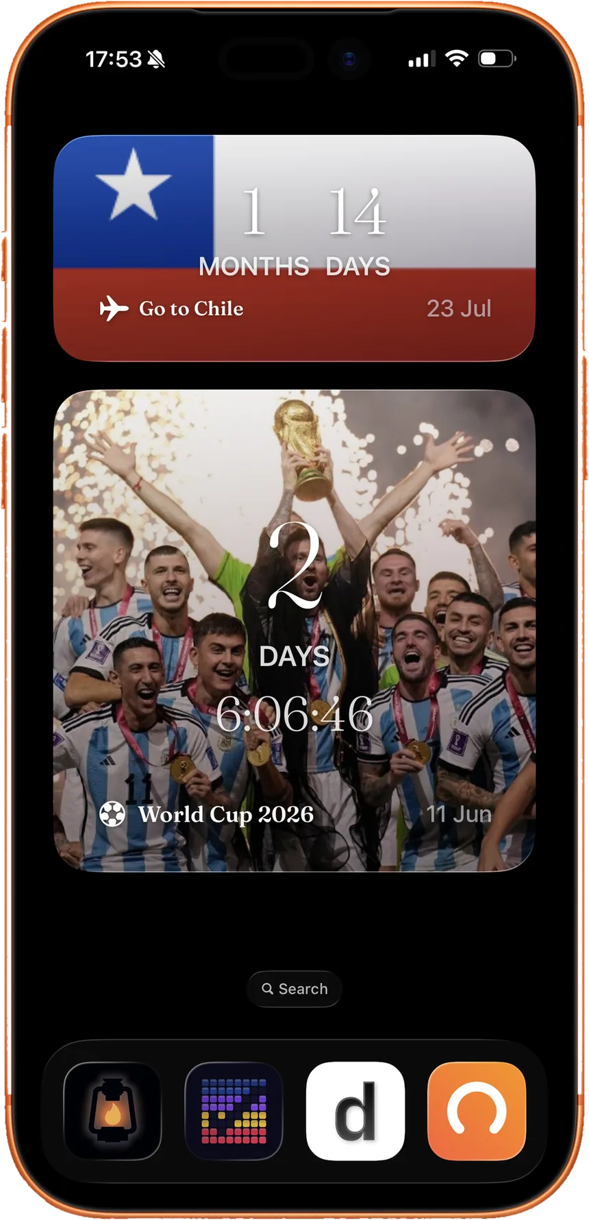 Countie countdowns on the iPhone Home and Lock Screen.