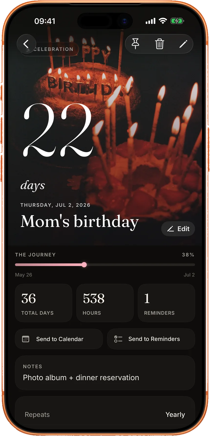 A pinned countdown anchored to a favourite event.
