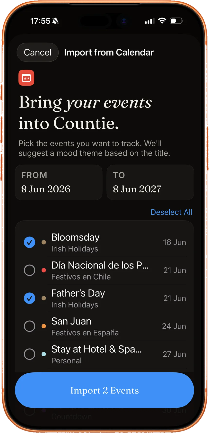Importing birthdays and trips from Apple Calendar into Countie.