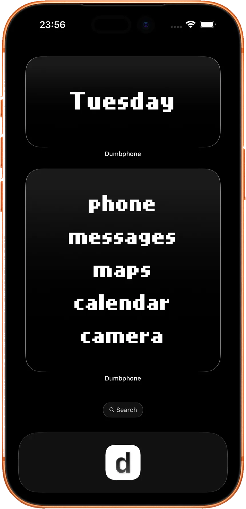 Dumbphone launcher — a monospaced list of phone, messages, maps, calendar, camera