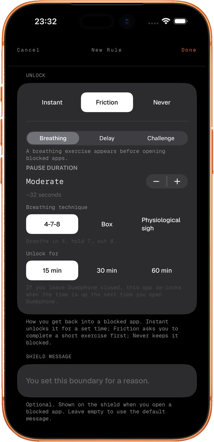 Dumbphone — pause a distracting app with a breath, a delay, or a block